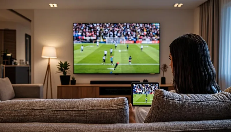 Abonnement IPTV 12 mois 2 écrans : télévision et tablette regardant deux programmes en même temps